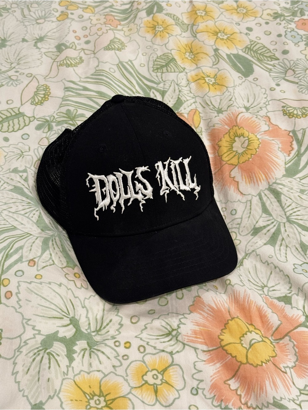 Dolls Kill Black Cap with White Gothic Embroidered Logo